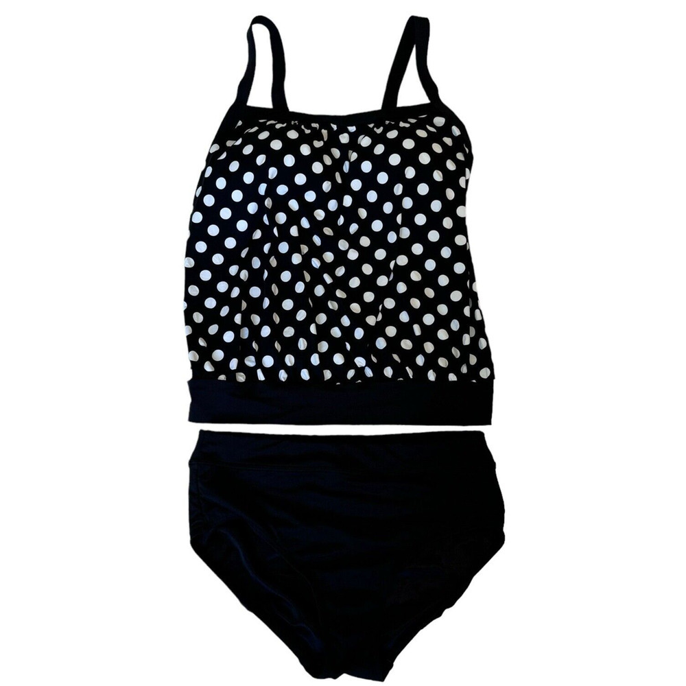 Lands End Swimsuit 6 D Black & White Polka Dot Blouson Tankini Top/Bottoms